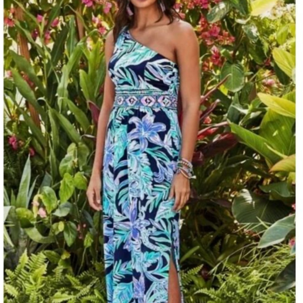 Lilly Pulitzer One Shoulder Maxi Dress High tide Navy Size small .